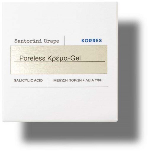 Een witte doos met tekst die een huidverzorgingsproduct genaamd Poreless Gel met ingrediënten zoals salicylzuur aangeeft.