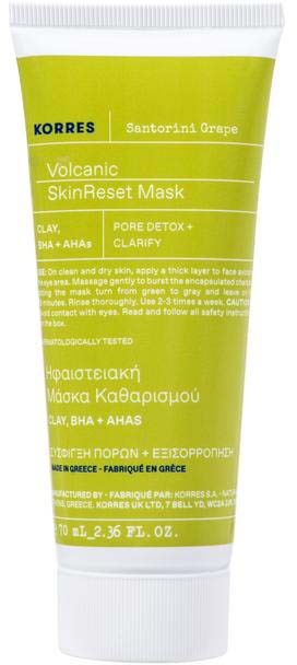 Green tube of volcanic skin mask with text about detox, clay, and grape ingredients, size 2.36 fl oz.