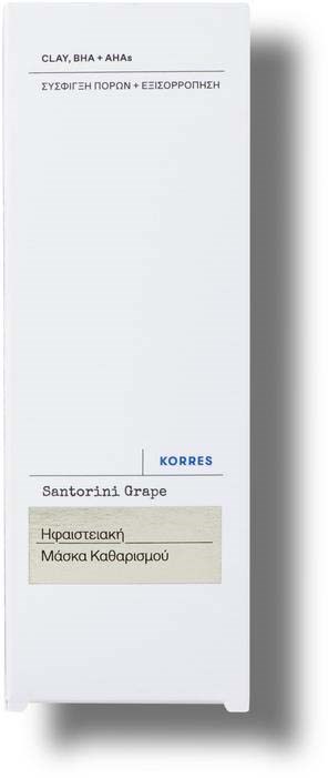 Box with text about clay and correction, containing the scent 'Santorini Grape' and the name 'Martha Katherin.'