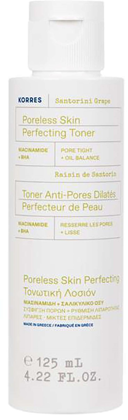 Vit flaska av Korres-toner med gul och blå text, märkt för porförstärkning och porbalans. Innehåller 125 ml.