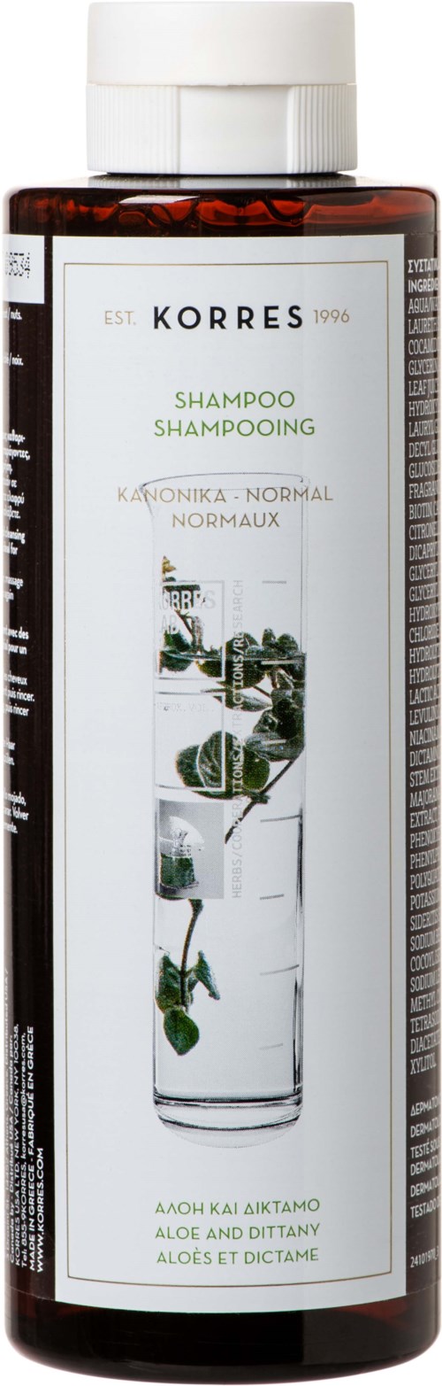 A brown bottle with a white cap, labeled Korres shampoo for normal hair with aloe and dittany.