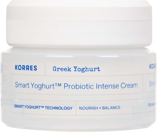 En vit burk märkt 'Grekisk yoghurt' och 'Probiotisk intensivkräm' av Korres. Den lyfter fram teknik och balans.