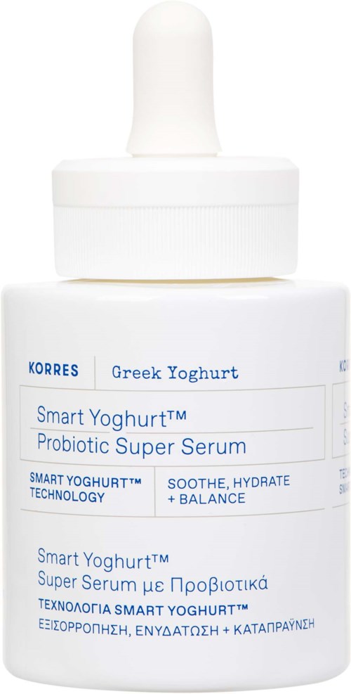 Valkoinen pullo, jossa tiputusnivelen kansi, merkinnöissä 'Greek Yoghurt', 'Smart Yoghurt' ja 'Probiotic Super Serum'.