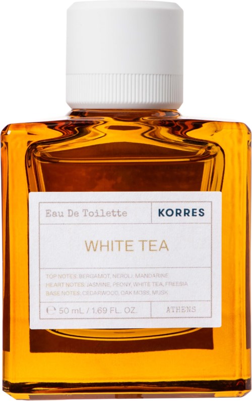 A small rectangular bottle of white tea-scented perfume with a white cap and a label, placed against a white background.