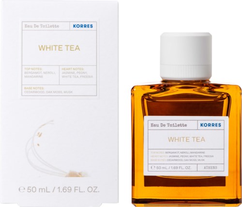 A bottle of perfume labeled 'WHITE TEA' next to its box. The box has notes about the scent ingredients.