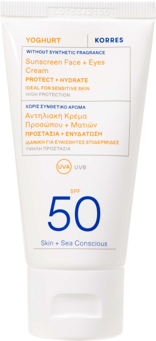 A white tube of sunscreen with SPF 50, labeled for face and eyes, suitable for sensitive skin, with UVA protection.