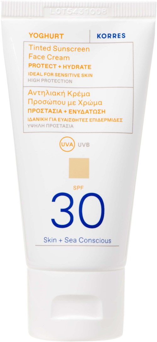 A white tube of sunscreen with SPF 30, protected for sensitive skin, highlighting face care, hydration, and sun protection.