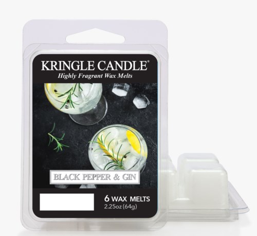 Een wasmeltsverpakking met 'Black Pepper & Gin', met beelden van drankjes en kruiden, en een witte kunststof houder.