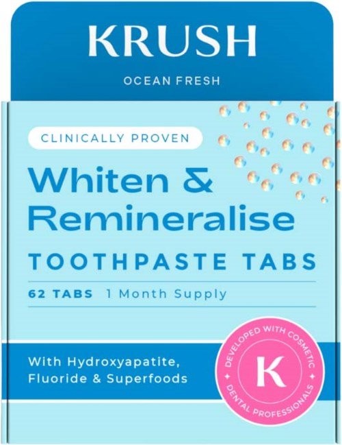 Blå förpackning av Krush Ocean Fresh tandkrämtablåtter för blekning och återhämtnings, visar 62 tabletter, med påståenden om kliniskt bevisad effekt.