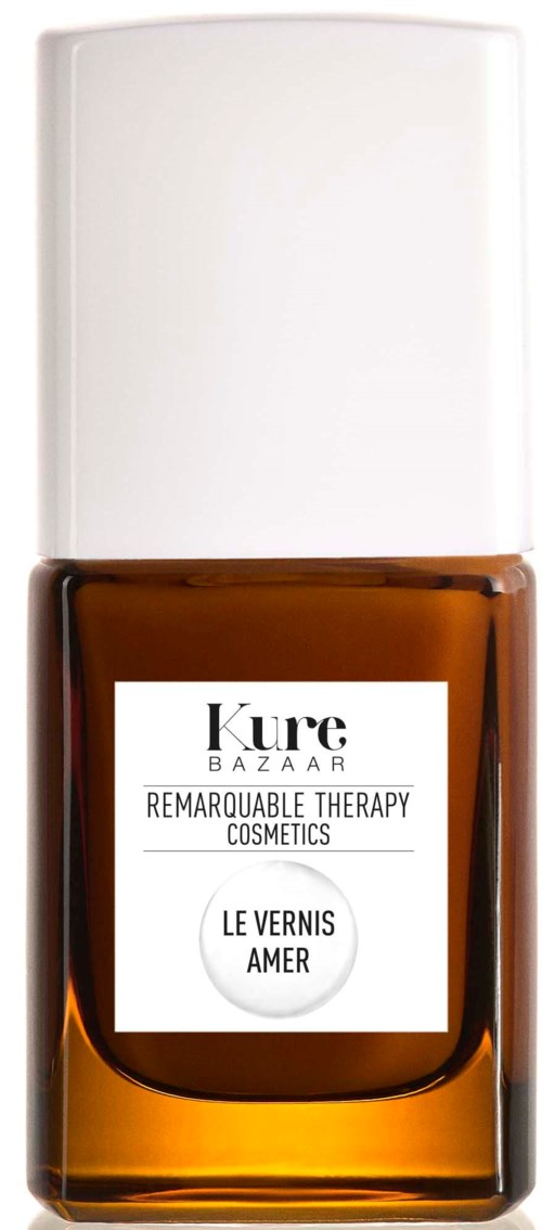 Braune Nagellackflasche mit weißem Deckel, beschriftet 'Kure Bazaar Remarquable Therapy Cosmetics, Le Vernis Amer.'