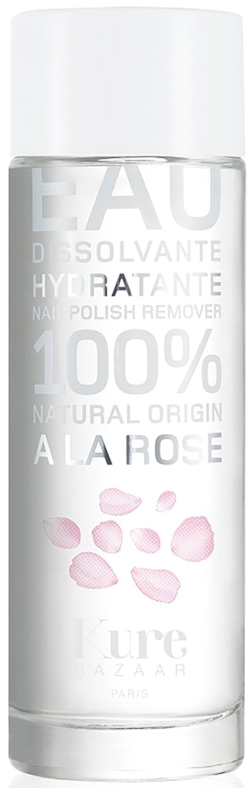 Eine klare Flasche mit weißem Deckel, als Nagellackentferner mit Rosenduft gekennzeichnet, zeigt rosa Blütenblätter.