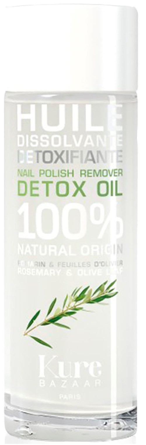 Eine klare Flasche mit Detox-Öl, grüner Schrift und Rosmarin-Abbildung.