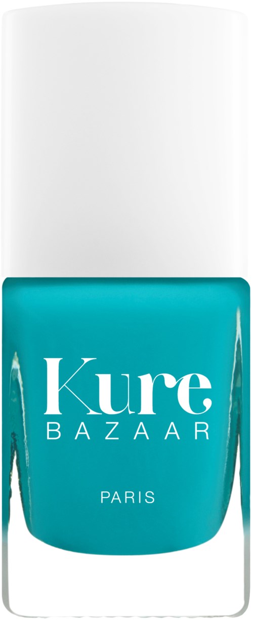 Eine Flasche Türkis Nagellack mit der Aufschrift 'Kure BAZAAR PARIS' und weißem Deckel.