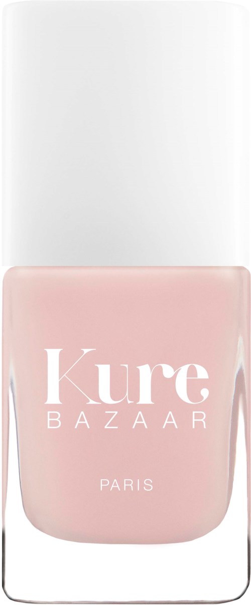 Ein pinker Nagellackflasche mit klarer Deckel und weißem Etikett mit der Aufschrift 'Kure BAZAAR PARIS'.