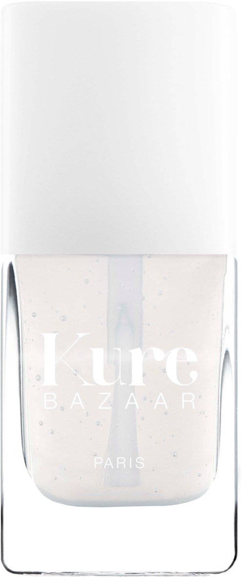 Ein klarer Nagellack mit weißem Deckel, beschriftet 'Kure BAZAAR PARIS'.