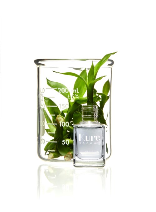 Becherglas mit grüner Pflanze, kleine Flasche Nagellack davor.