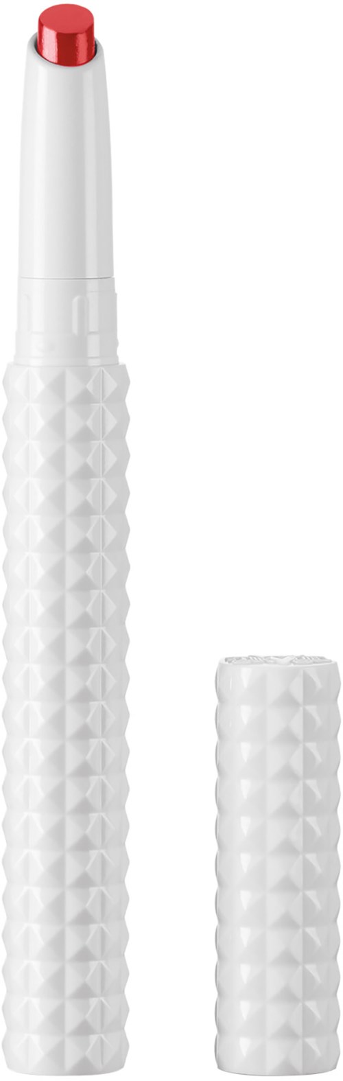 Vit pen med texturerad grepp, rött lock och avtagbar lock bredvid.