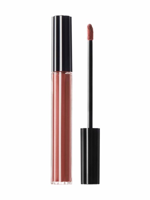 Ett läppglansrör med en applikatorvadd, båda svarta och silver, och rosa gloss inuti.