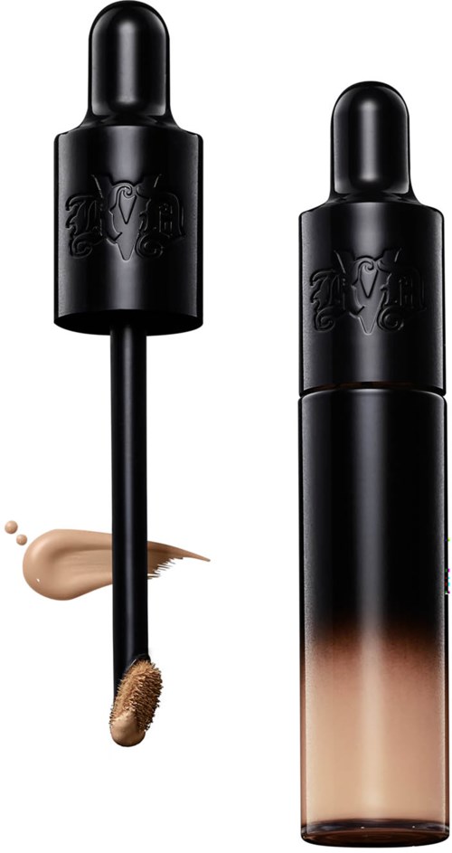 En svart makeupflaska med dropptopp och färggradient från mörkt till ljust, med kräm och puderprov.