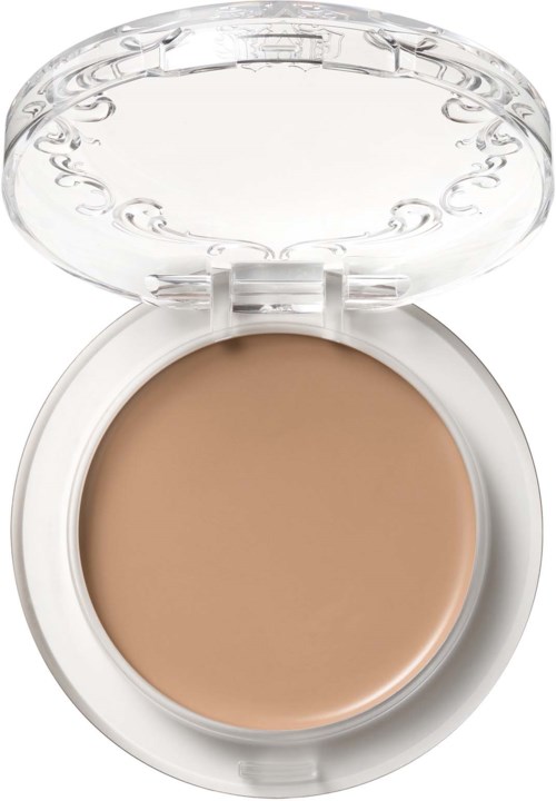 Ett kompaktpuddersetui med genomskinglig lock, innehåller beige pressad puder för smink.