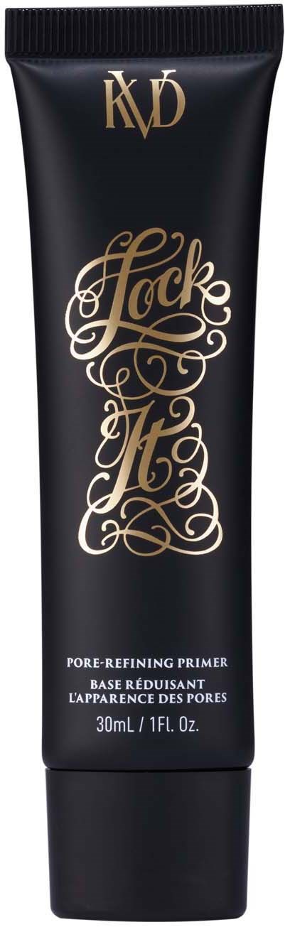 En svart tub med elegant guld- och vit text, märkt som en pore-refining primer från KVD Beauty.