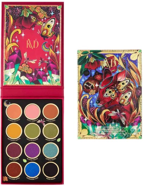 En färgstark makeup-palett med nio nyanser och en livlig box med fjärilar och blommor.