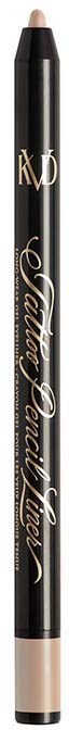 En svart och beige makeup-penna med guld- och vitt text, som säger 'KVD Beauty True Love' mot en svart bakgrund.