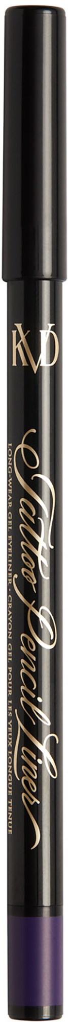 En svart eyeliner-penna med lila topp och guldtext som är märkt 'KVD Beauty Tattoo Pencil'.