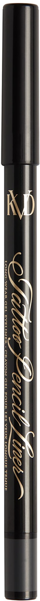 En svart eyeliner-penna med guldfärgad text och lock, avsedd för sminkning.