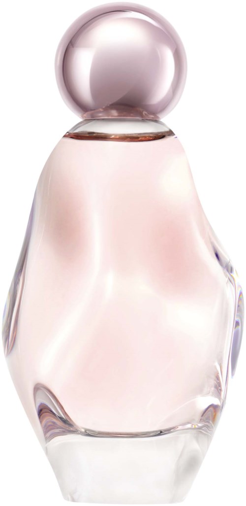 A glass perfume bottle with a rounded pink cap and a soft, curved shape.