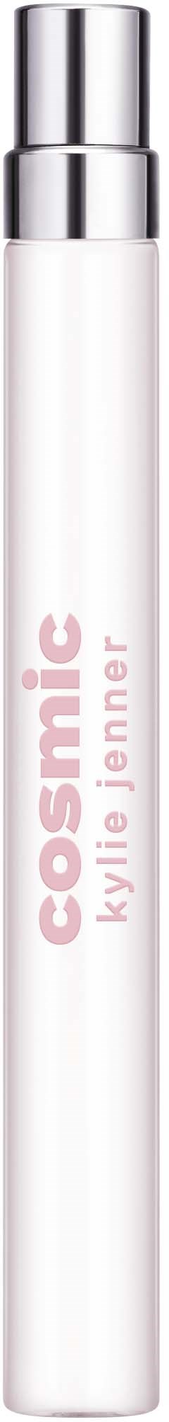 A white cylindrical product with a silver cap, labeled 'cosmic' and 'kylie jenner' in pink letters.