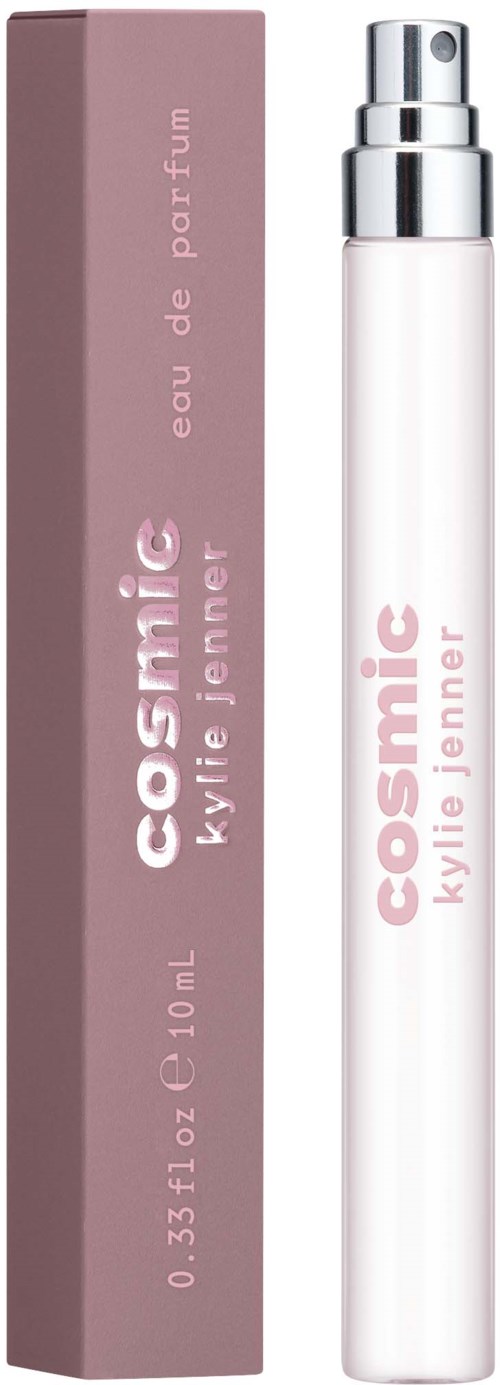 A pink box and a white spray bottle with pink and silver text for Kylie Jenner's Cosmic perfume.