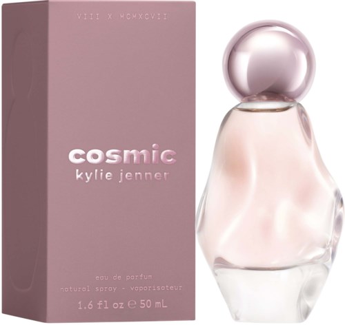 A pink perfume box labeled 'Cosmic' by Kylie Jenner with a stylish glass bottle next to it.