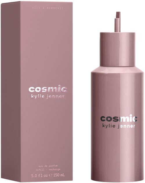 A pink perfume supply bottle with 'cosmic kylie jenner' label, next to a matching pink box.