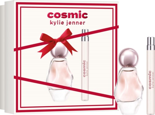Cosmic Kylie Jenner perfume set with two bottles and a white box with red ribbons and borders.