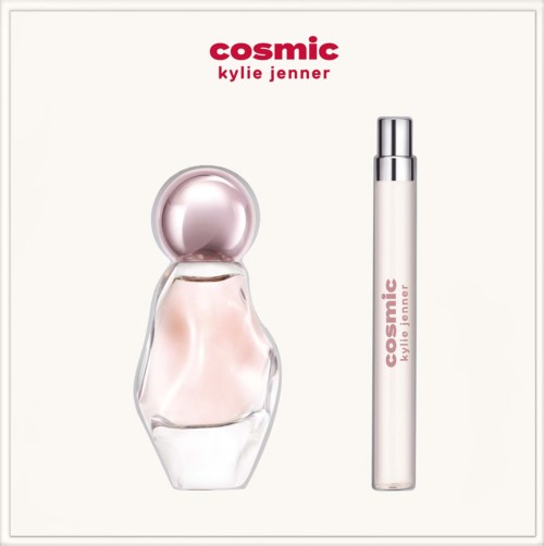 Cosmic perfume bottle with a round pink cap and a tall, slim white spray tube with pink text.