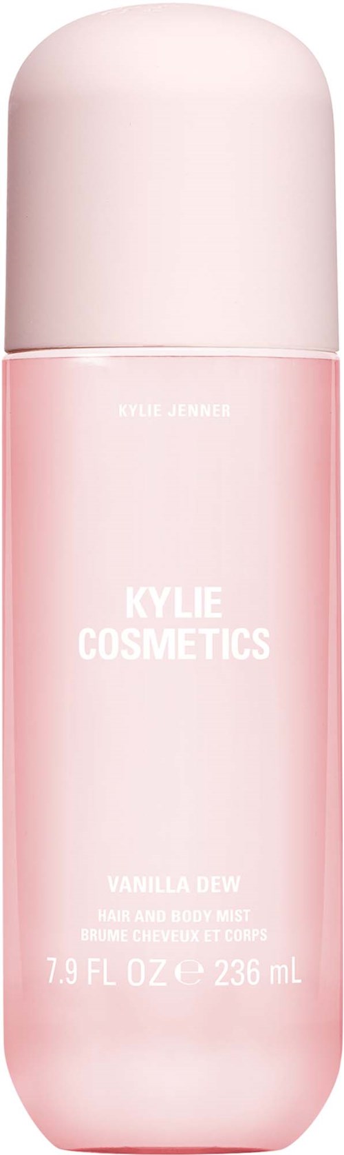 Vaaleanpunainen pyöreä pullo, kyljessä Kylie Cosmetics Vanilla Dew, tilavuus 7,9 fl oz.