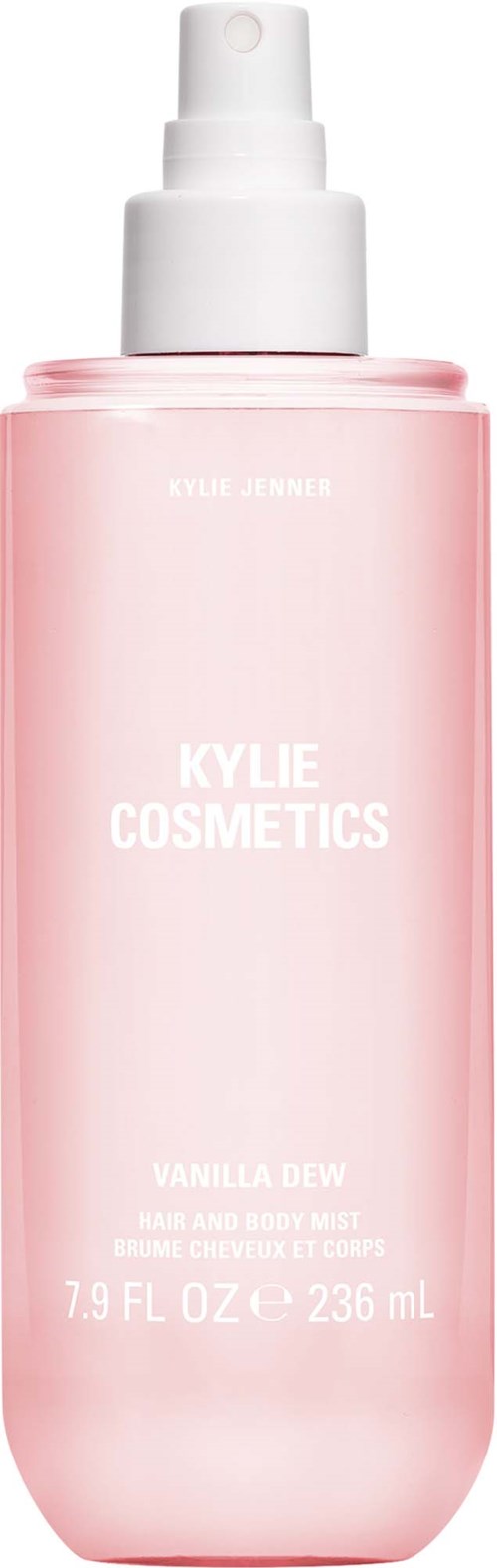 Vaaleanpunainen pullo suihkepäällä, merkitty 'Kylie Cosmetics' ja 'Vanilla Dew'.