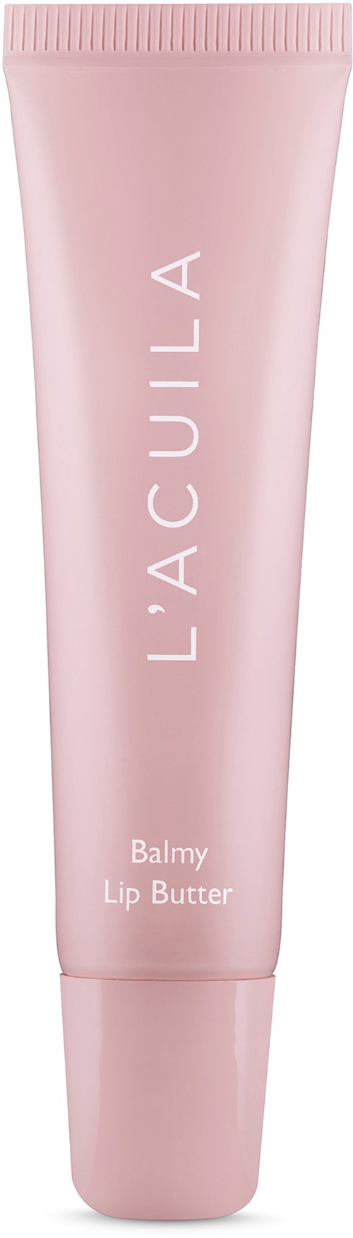 Een roze tube met 'LÀCULA' en 'Balmy Lip Butter' erop.