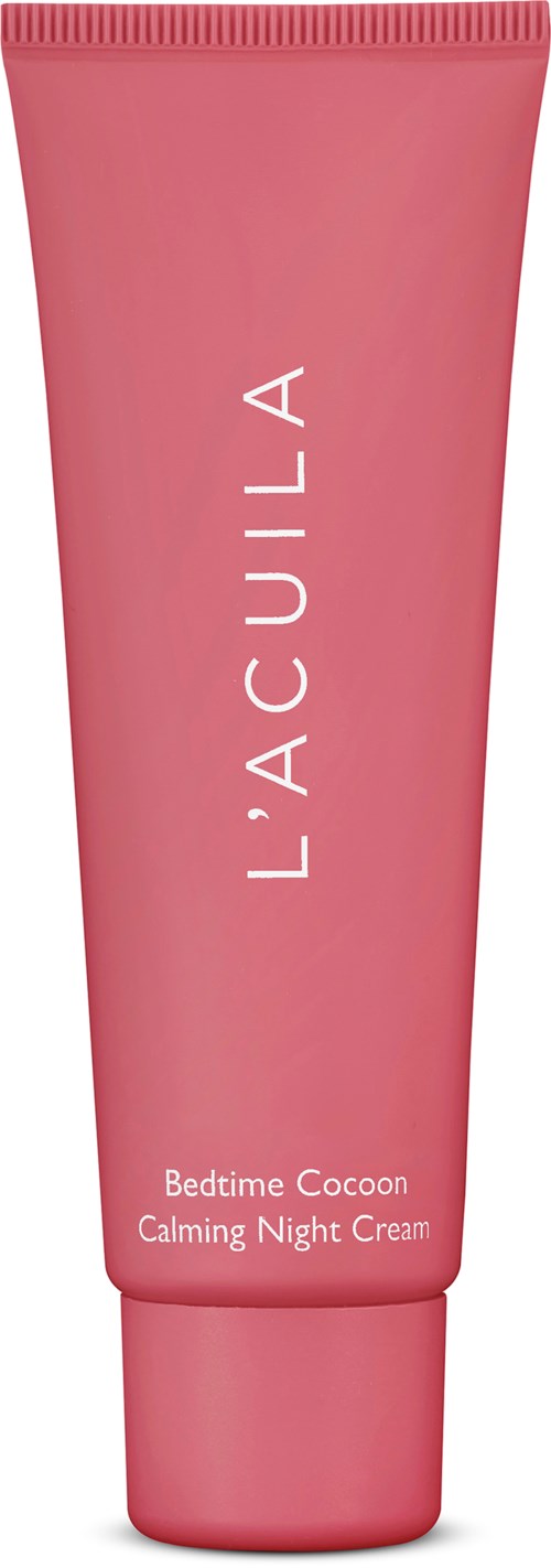 Roze tube met de tekst 'L'ACUCiLA Bedtime Cocoon Calming Night Cream'.