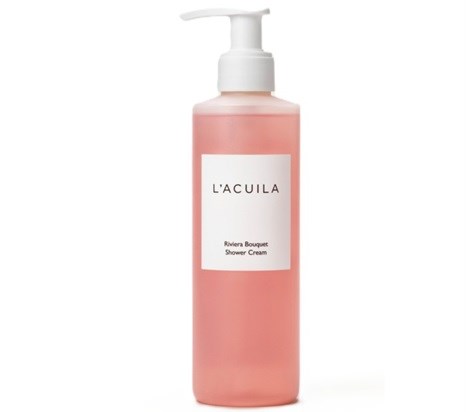 A pink bottle with a white pump, labeled 'L'ACULA Rivera Bouquet Shower Cream'.