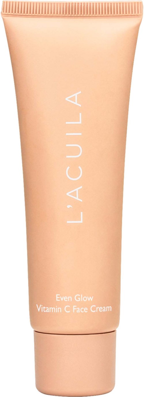 Perzikkleurige tube met witte tekst, met 'LACULA' en 'Even Glow Vitamin C Face Cream'.