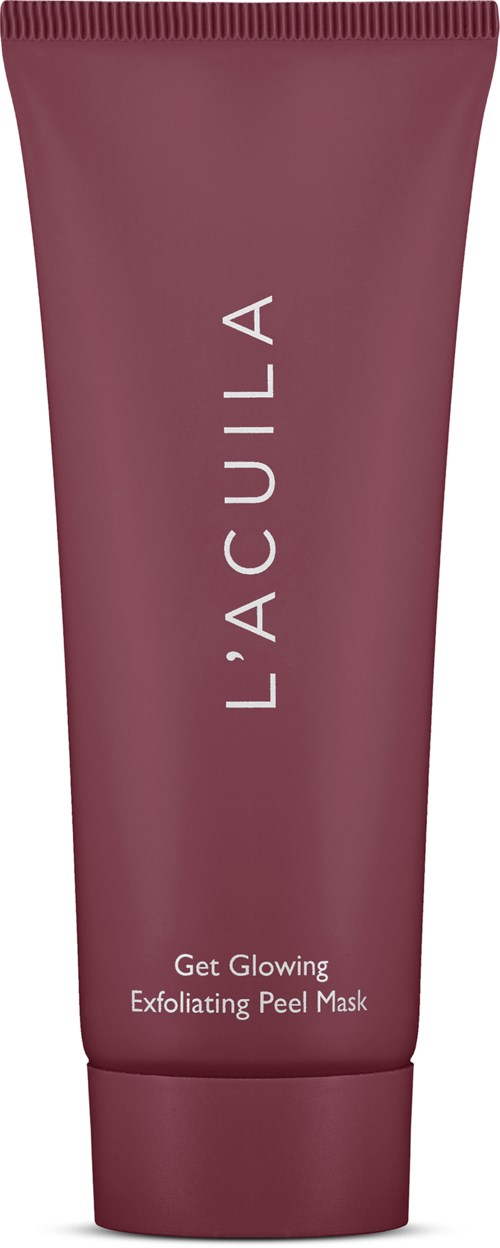 Een bordeauxrode tube met de woorden "L'ACQUILA" en "Get Glowing Exfoliating Peel Mask" erop.