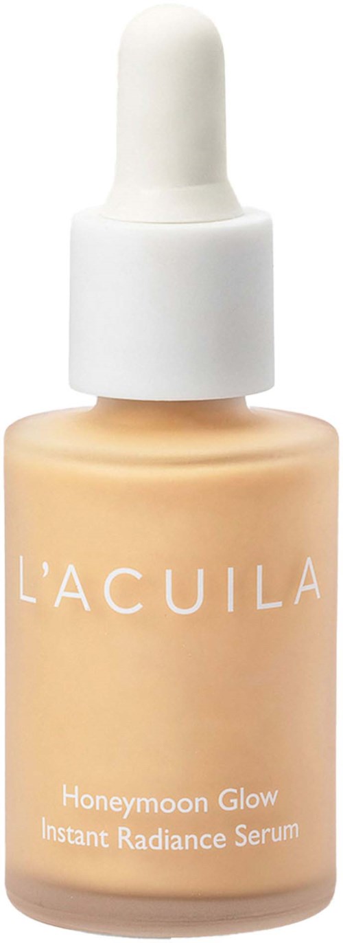 L'ACULA Honeymoon Glow serumfles met pipetdop, licht beige kleur, glad oppervlak en witte tekst.