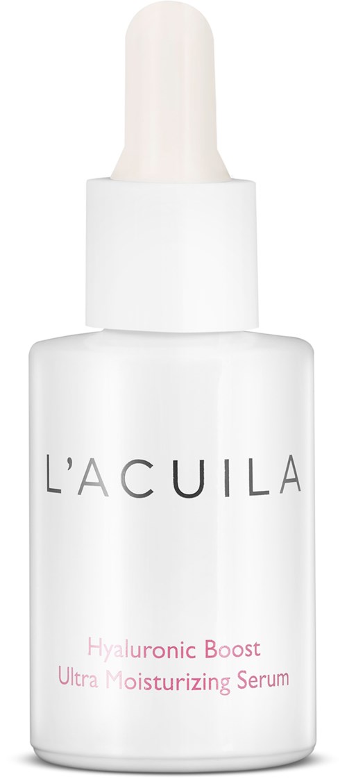 Een wit flesje met pipetdop, gelabeld 'L'ACULA Hyaluronic Boost Ultra Moisturizing Serum.'