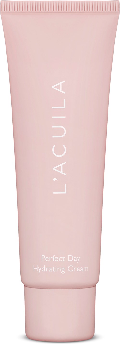 Vaaleanpunainen putkilomuoviputki, jossa lukee 'LACUALA' ja 'Perfect Day Hydrating Cream'. Se on ihonhoitotuotteen pakkaus.