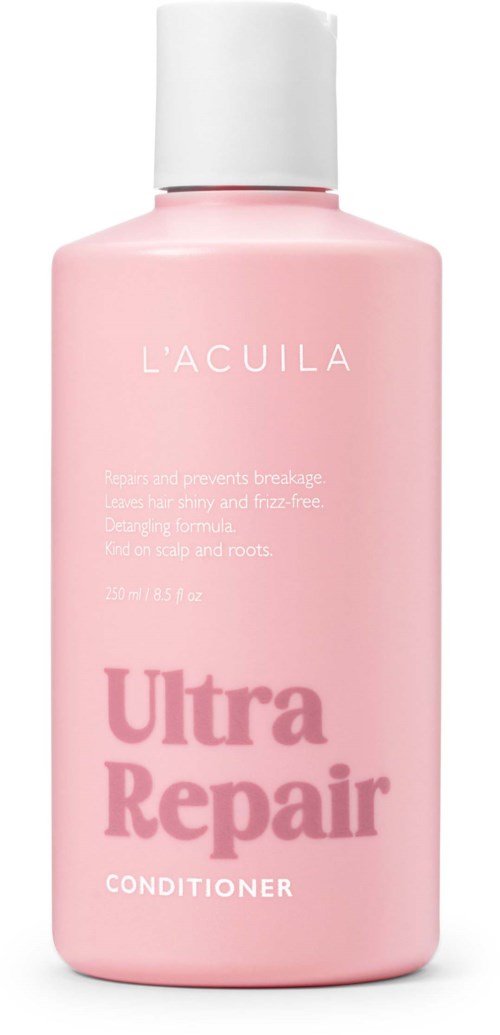 Eine rosa Flasche mit L'Acuila Ultra Repair Conditioner und weißem Deckel.