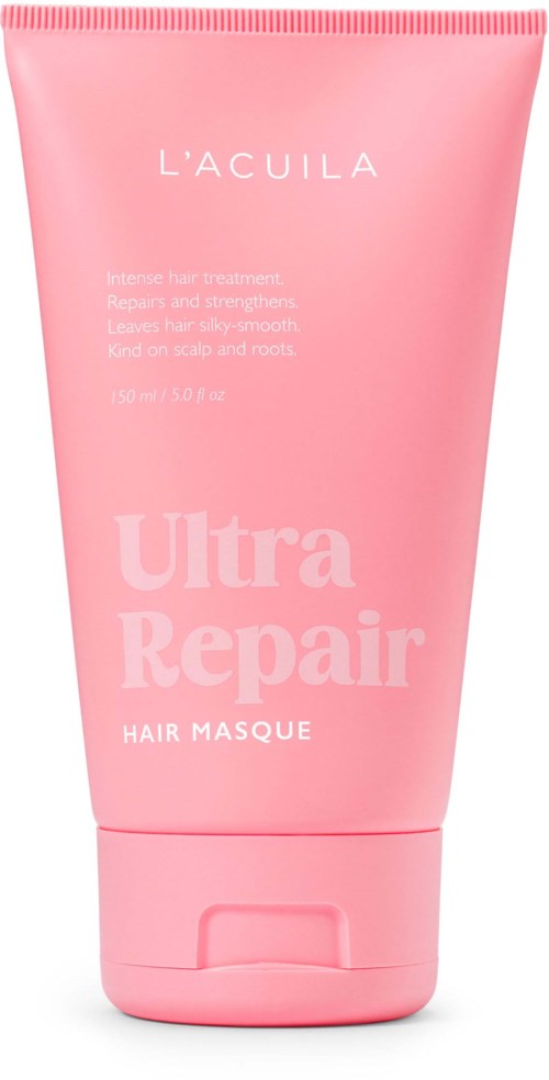 Roze haarmaskertube met witte tekst, gemarkeerd 'Ulta Repair Hair Masque' en 'L'Aquilà' bovenaan.