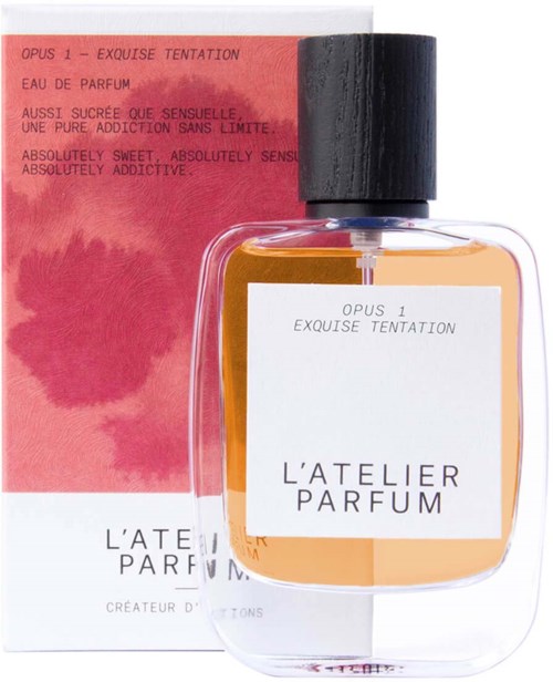 A perfume bottle labeled 'L'Atelier Parfum' with an orange and white design, and a red box in the background.