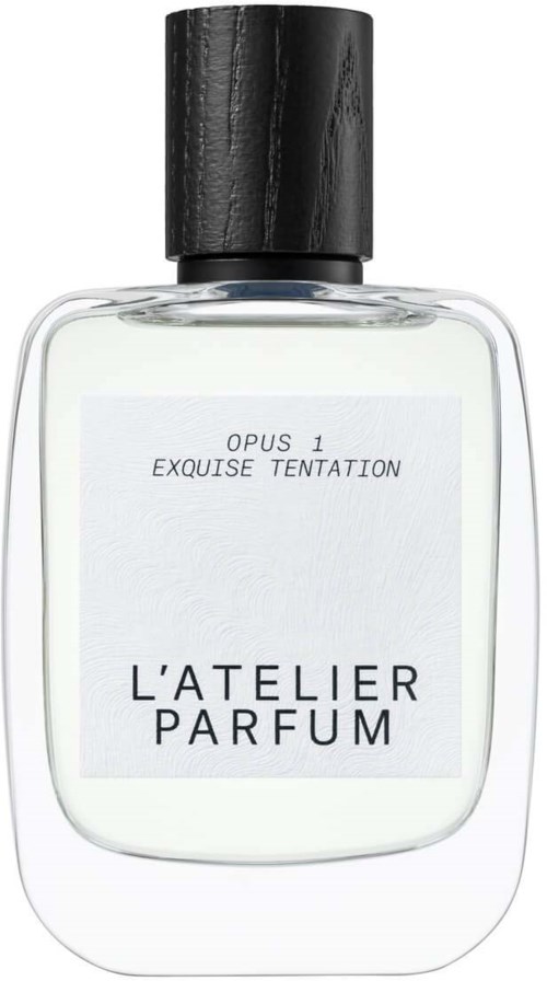 A clear perfume bottle with black cap, labeled with French text and a minimalist design.